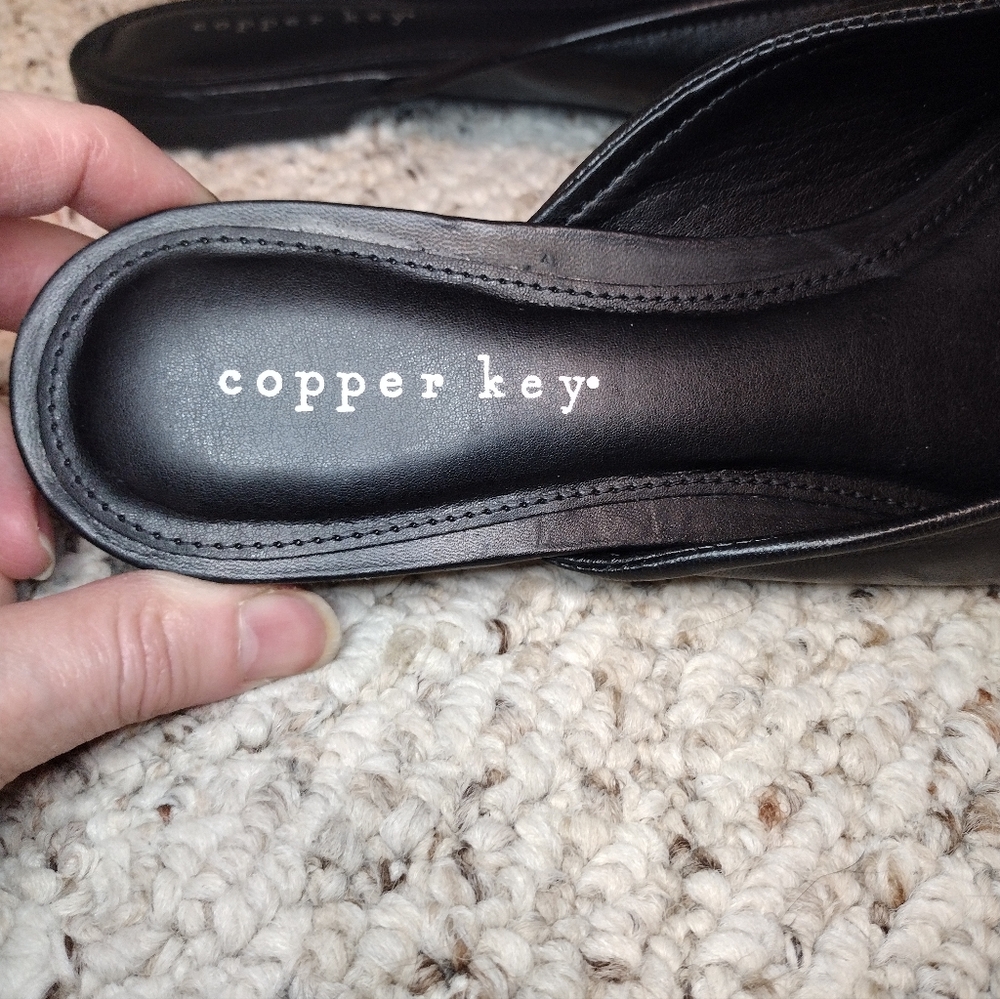 Copper Key Glimmer Black Leather Slip-On Mules with Rhinestone Bow Accent - Picture 5 of 8